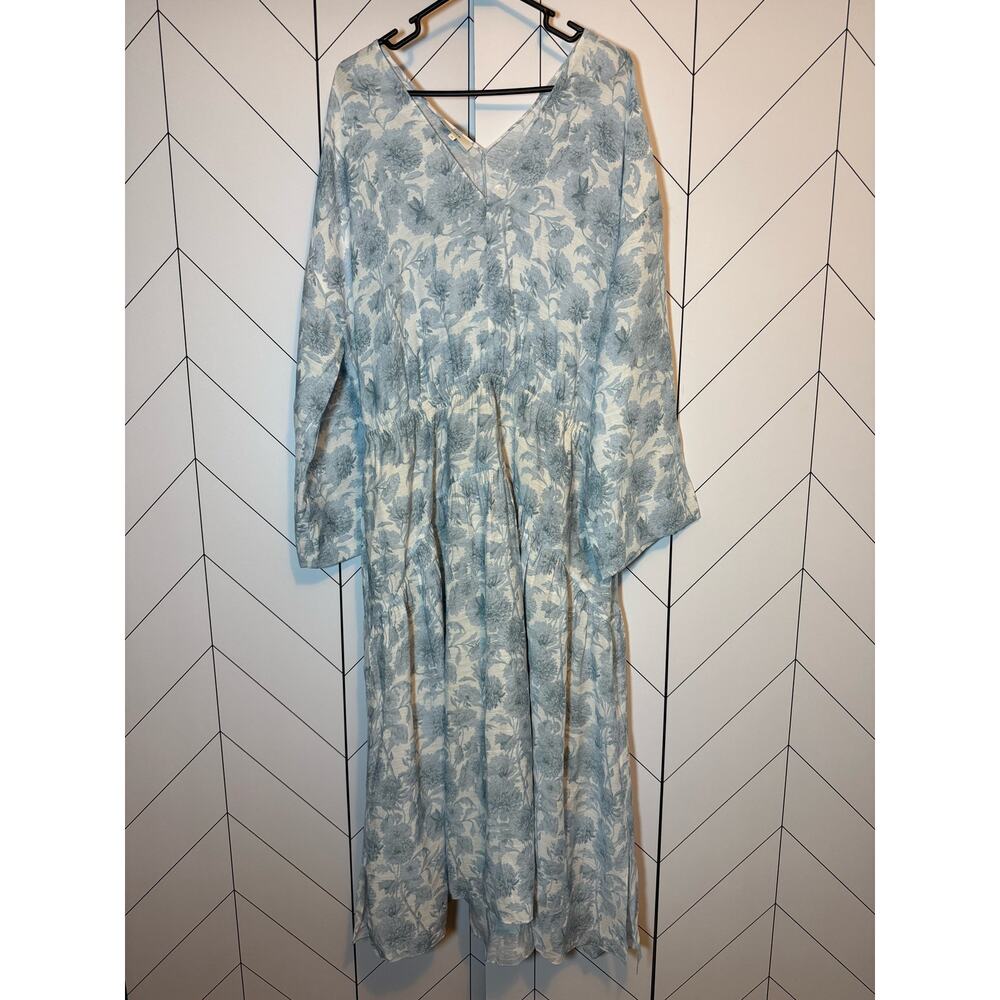 Vince Women’s 1X Dahlia Print Long Sleeve White Blue Floral V-neck Midi Dress